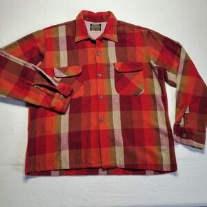 Vintage Amana Mens Board Shirt L Red Plaid Wool Blend Loop Collar Flannel USA